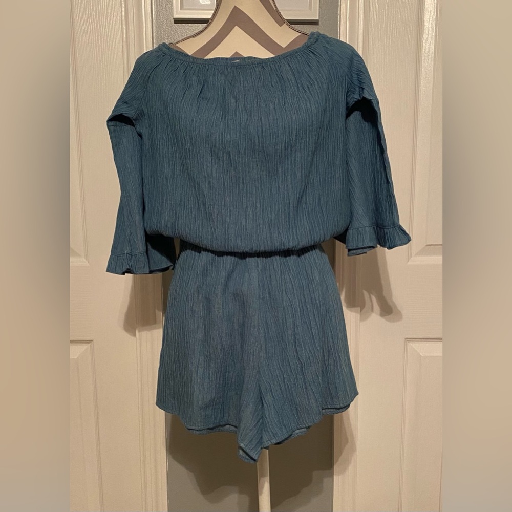 easel Teal Blue Crinkled Romper
